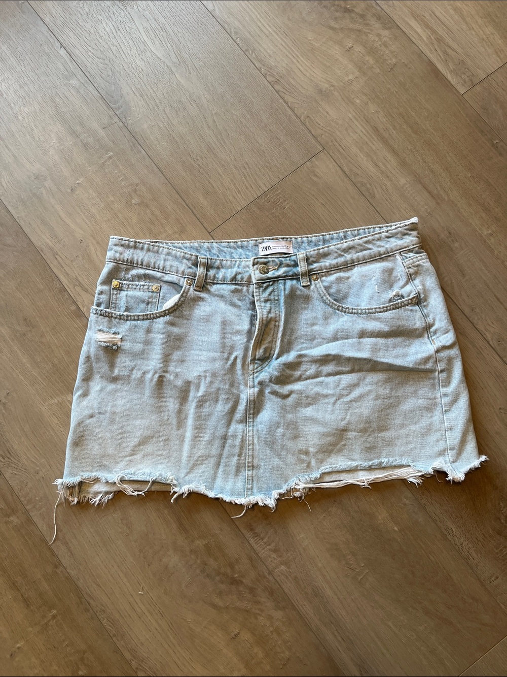 Zara Light Blue Distressed Denim Mini Skirt
